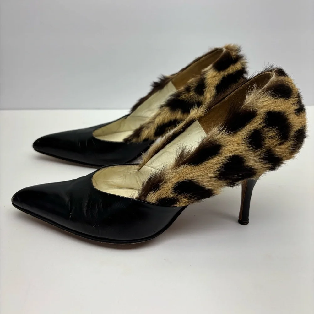 Black Leather Pumps with Leopard Fur Trim, SZ 8, box 29 - Picture 4 of 12